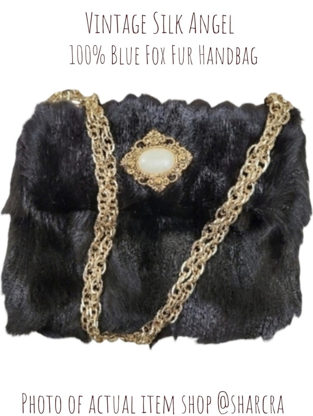 Vintage Silk Angel Blue Fox Fur Black Handbag Golden Chain Strap Shoulder Bag